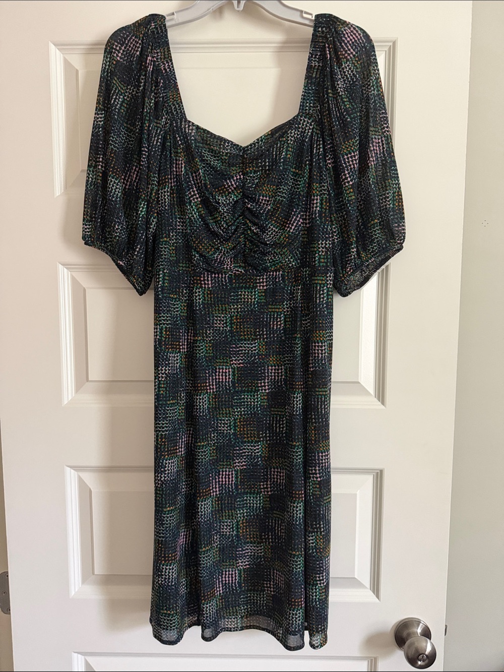 CAbi Multicolor Puff-Sleeve Midi Dress in Black with Pastel Accents